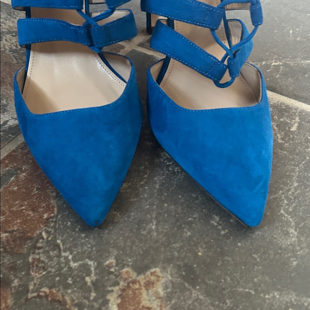J. Crew Vibrant Blue Suede Lace Up Cage Strappy Heels - Picture 5 of 8